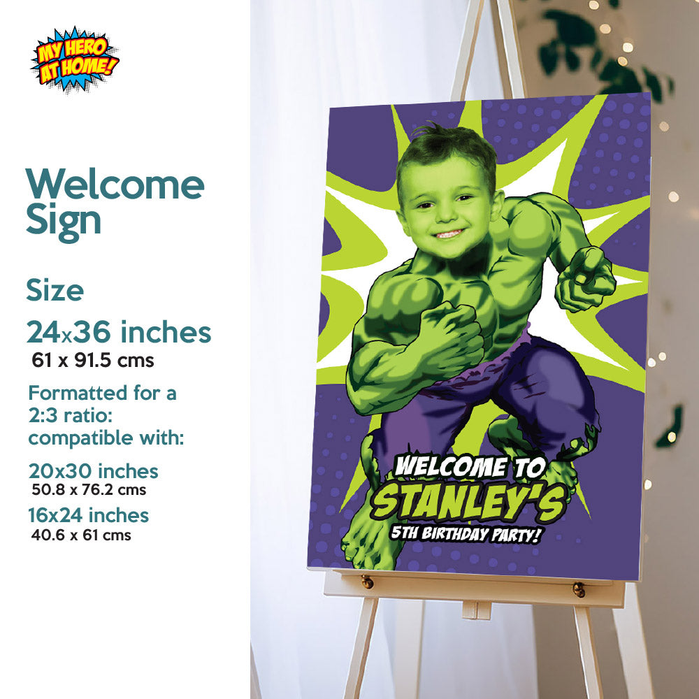 Hulk Birthday Bundle with matching items with kid as the star: Invitation, Cake, Welcome. 089B2