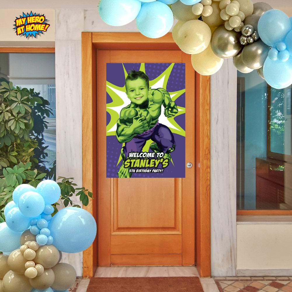 Hulk Birthday Bundle with matching items with kid as the star: Invitation, Cake, Welcome. 089B2