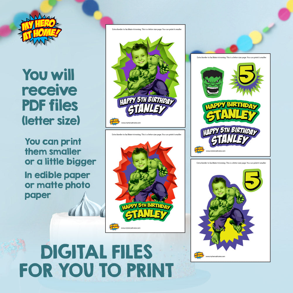 Hulk Birthday Bundle with matching items with kid as the star: Invitation, Cake, Welcome. 089B2