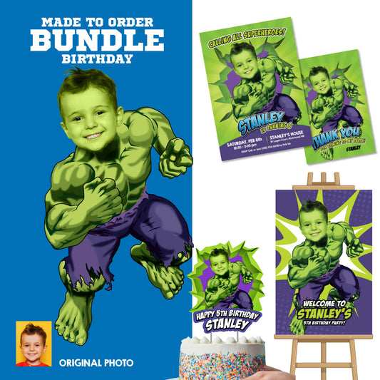 Hulk Birthday Bundle with matching items with kid as the star: Invitation, Cake, Welcome. 089B2