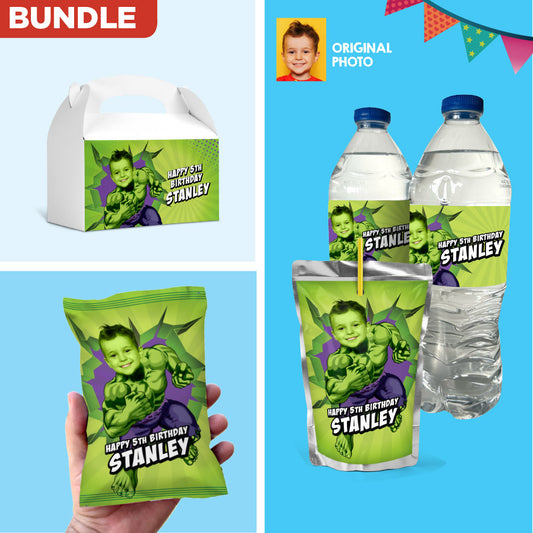 Bundle Hulk Party snacks labels with child as the star: drinks, Chips, gift boxes. 089B3