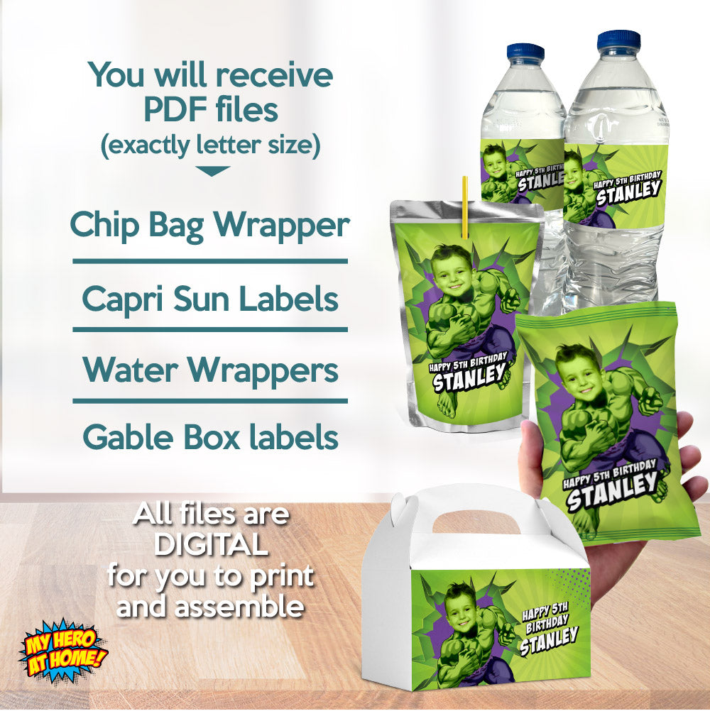 Bundle Hulk Party snacks labels with child as the star: drinks, Chips, gift boxes. 089B3