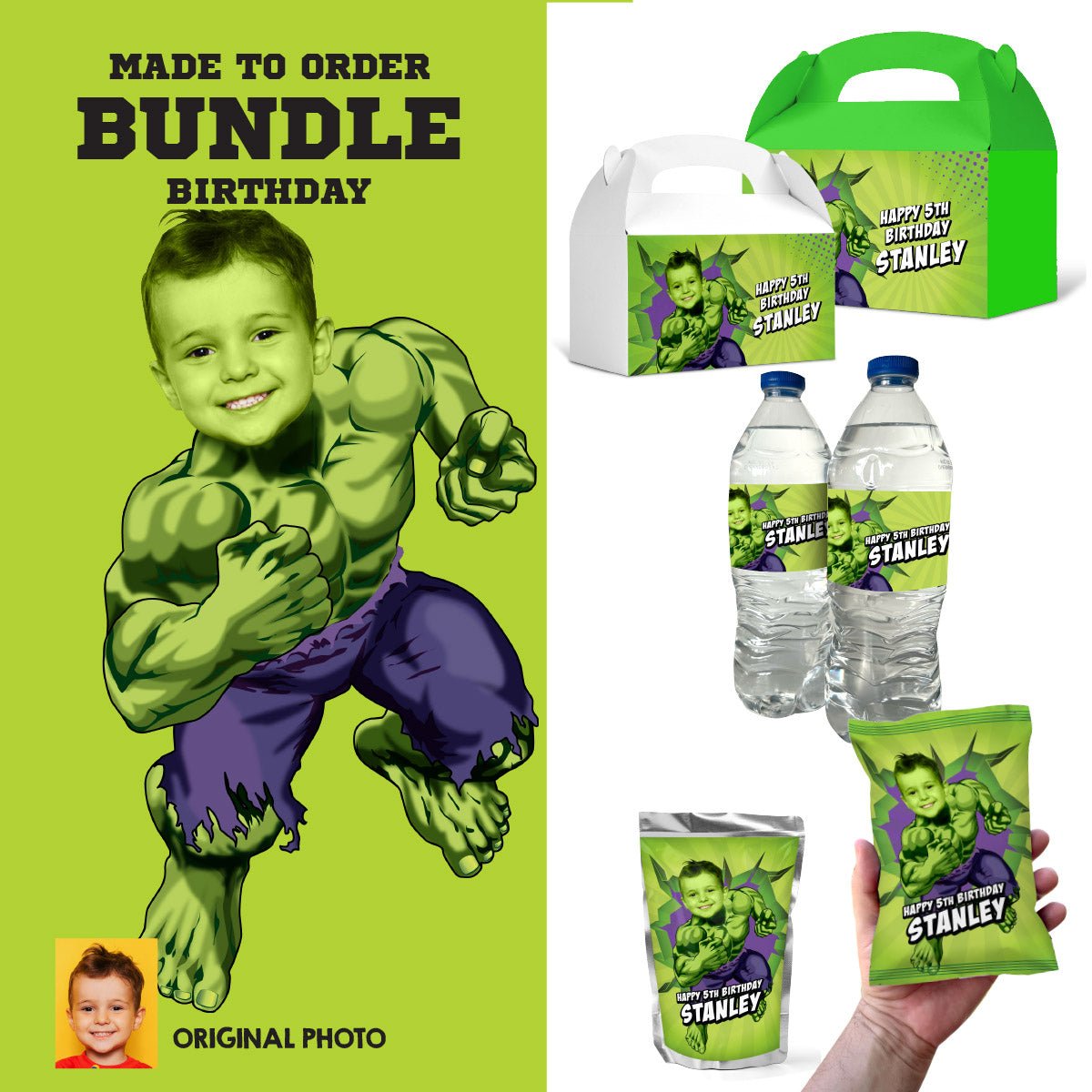 Bundle Hulk Party snacks labels with child as the star: drinks, Chips, gift boxes. 089B3