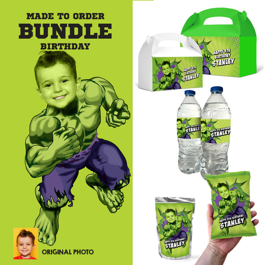Bundle Hulk Party snacks labels with child as the star: drinks, Chips, gift boxes. 089B3