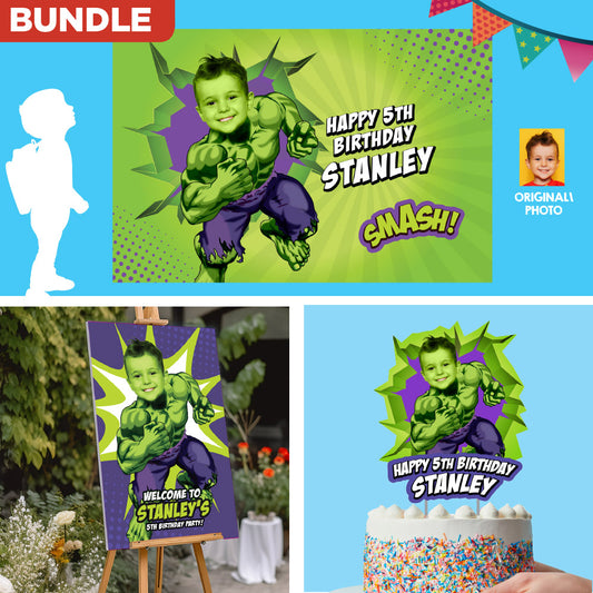 Bundle Hulk Party decoration customized with your photo: Banner Backdrop, Cake Topper, Welcome. 089B4
