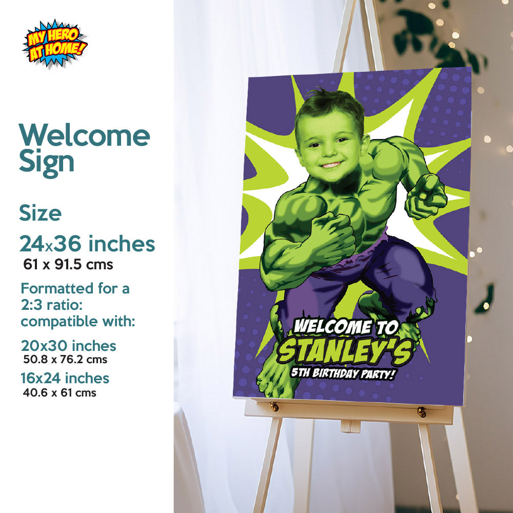 Bundle Hulk Party decoration customized with your photo: Banner Backdrop, Cake Topper, Welcome. 089B4