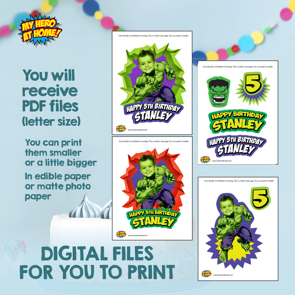 Bundle Hulk Party decoration customized with your photo: Banner Backdrop, Cake Topper, Welcome. 089B4