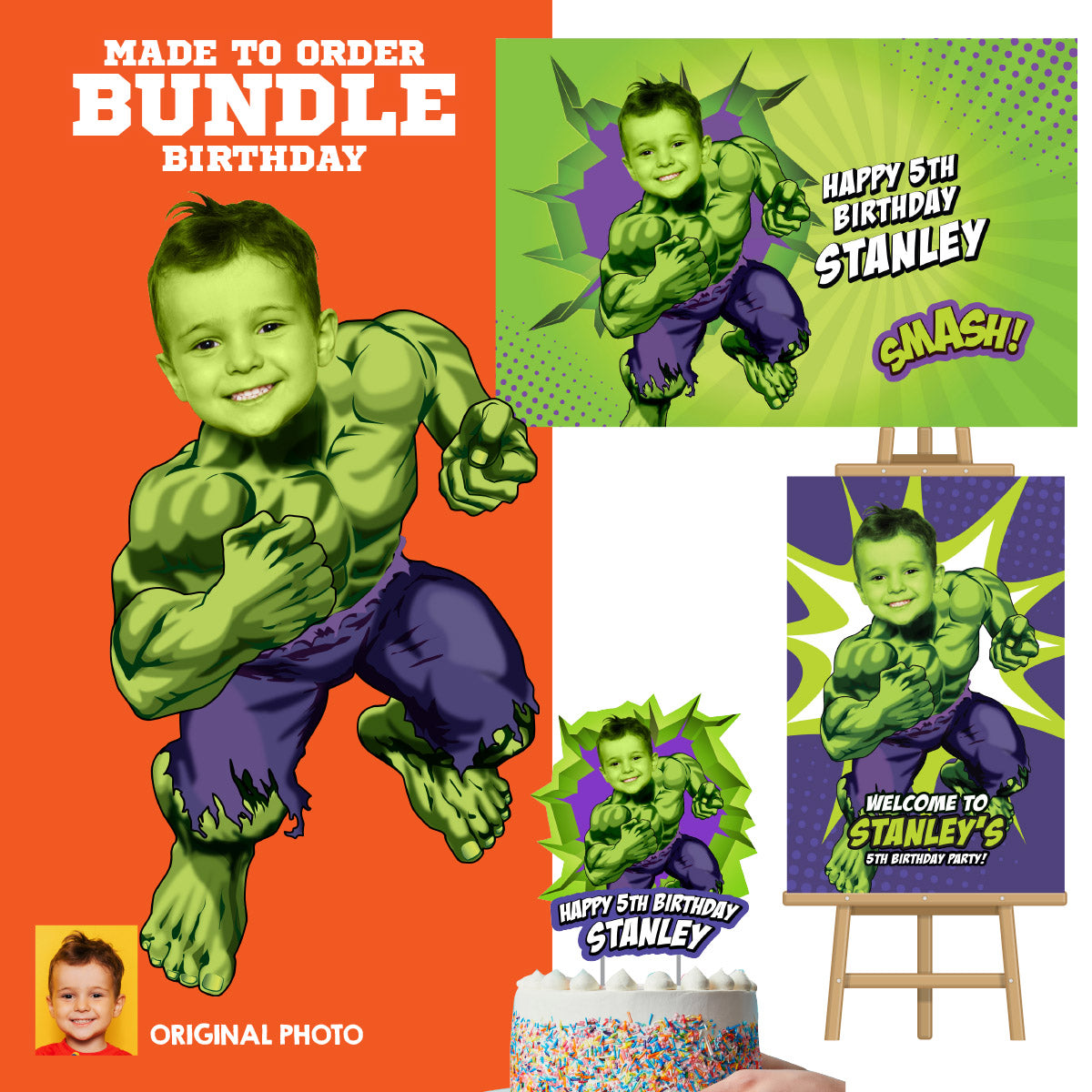Bundle Hulk Party decoration customized with your photo: Banner Backdrop, Cake Topper, Welcome. 089B4