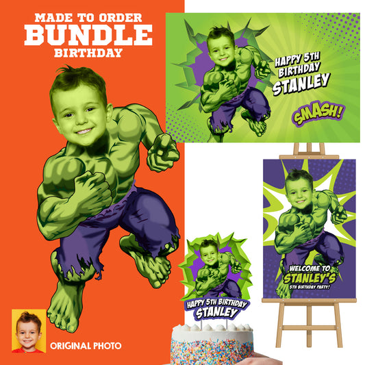 Bundle Hulk Party decoration customized with your photo: Banner Backdrop, Cake Topper, Welcome. 089B4