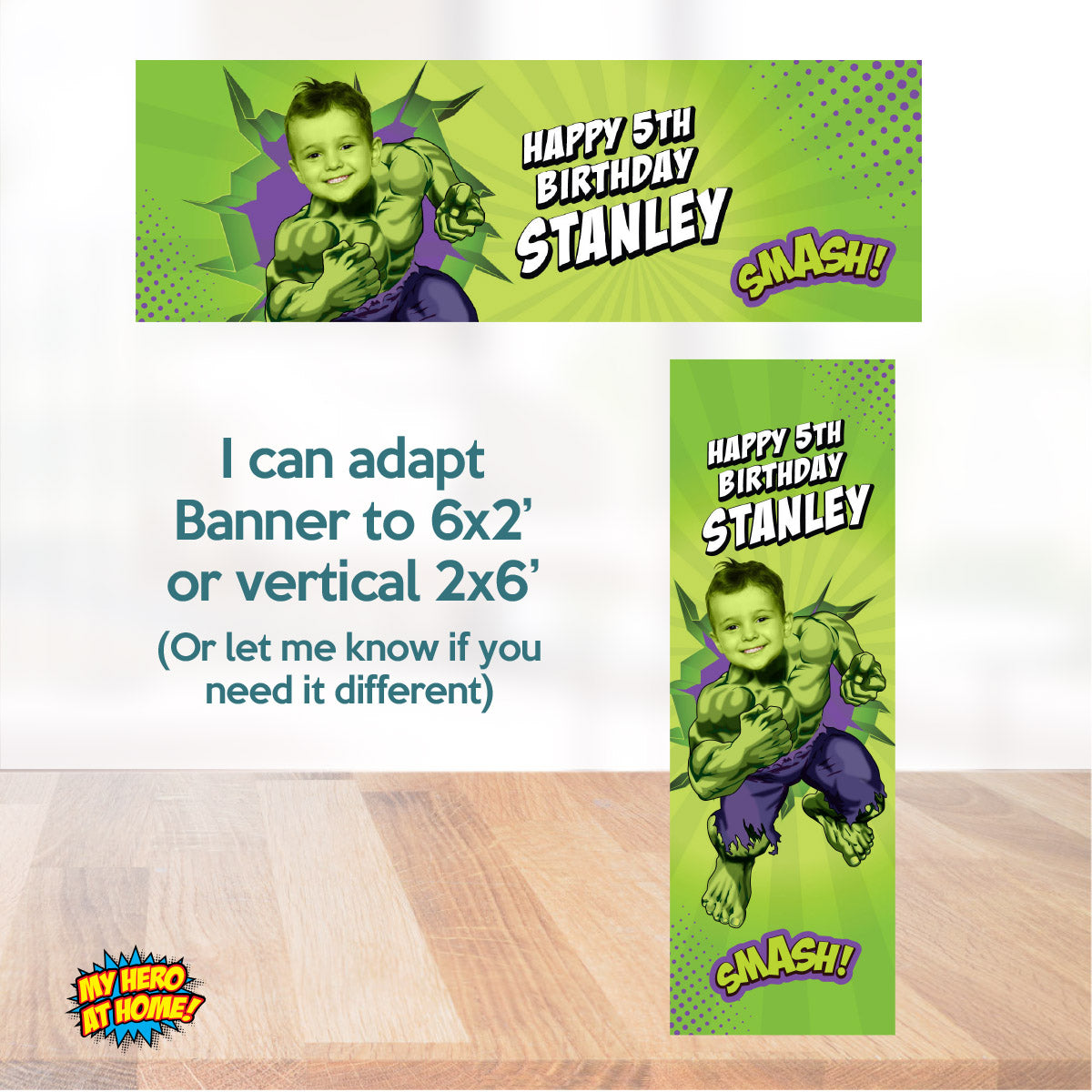 Bundle Hulk Party decoration customized with your photo: Banner Backdrop, Cake Topper, Welcome. 089B4