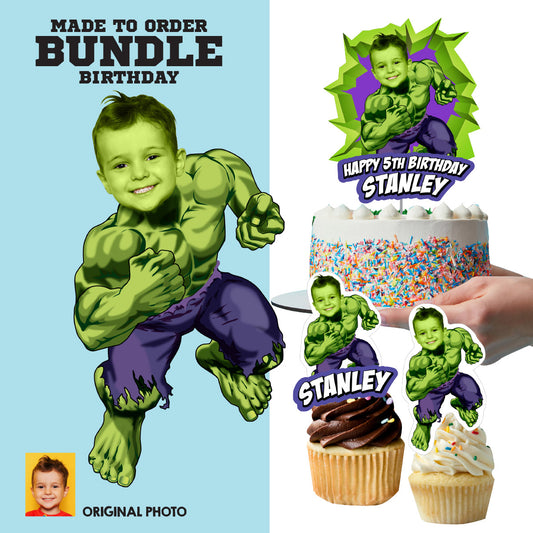 Hulk Birthday Matching Cake and Cupcake Toppers Bundle with Kid as the star. 089B5