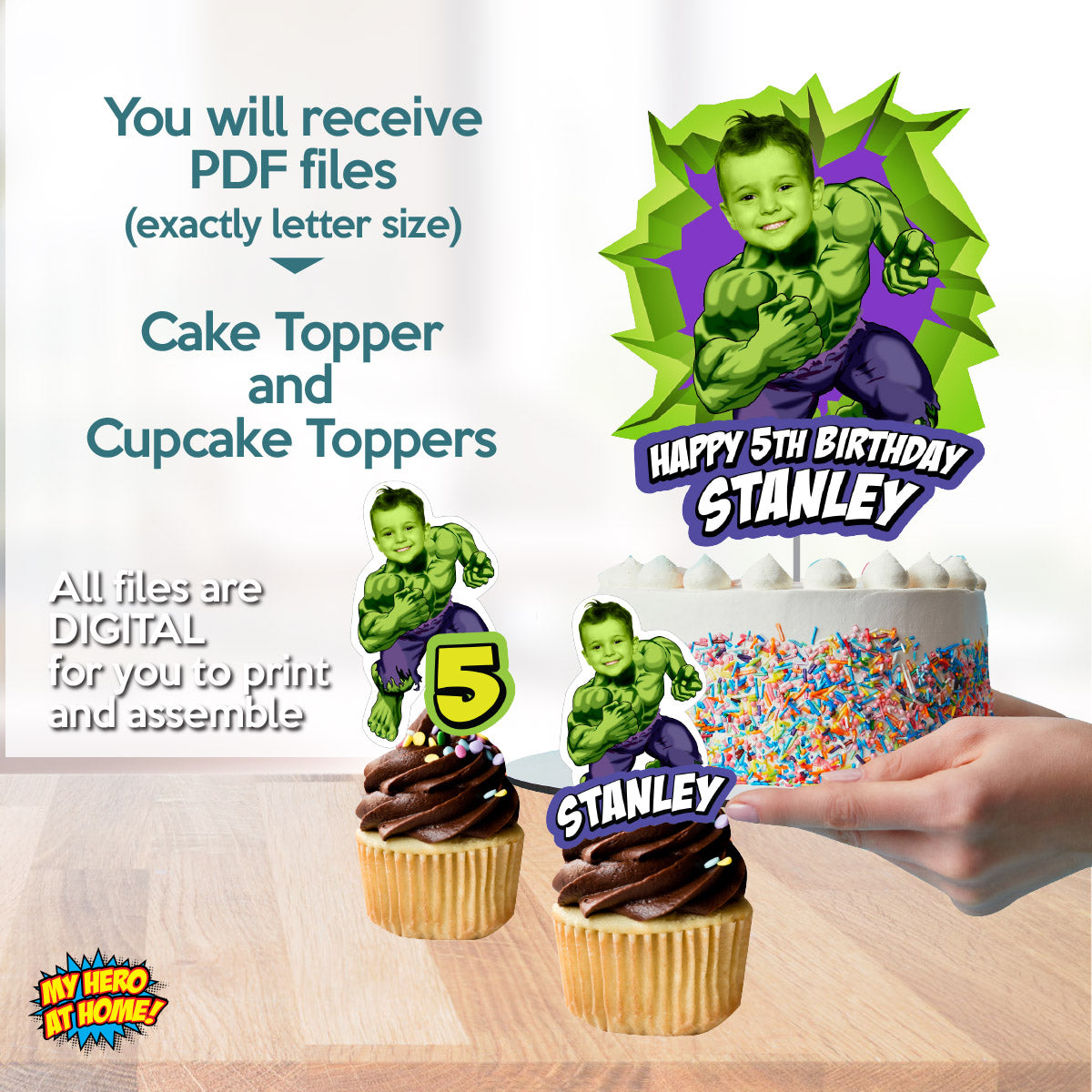 Hulk Birthday Matching Cake and Cupcake Toppers Bundle with Kid as the star. 089B5