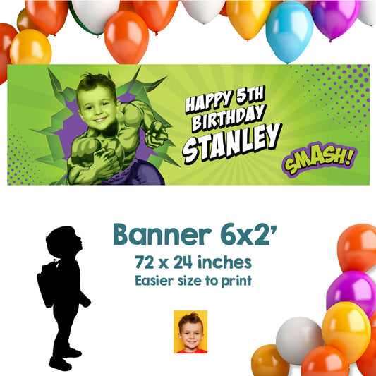 Hulk Horizontal Banner featuring child as the main superhero, Custom Hulk Birthday decoration. 089BBH