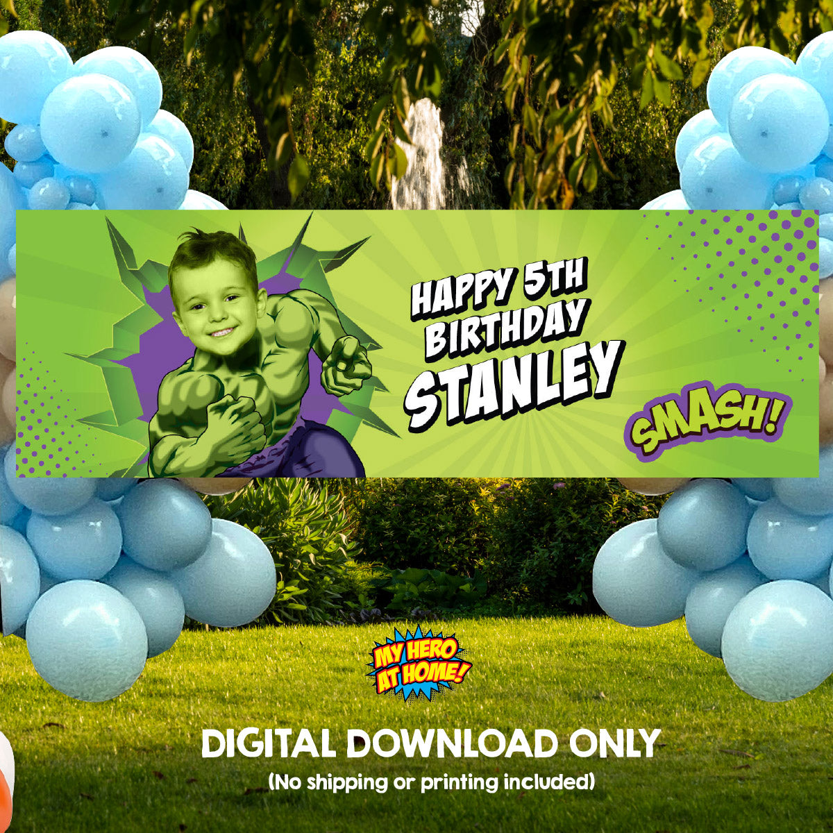 Hulk Horizontal Banner featuring child as the main superhero, Custom Hulk Birthday decoration. 089BBH