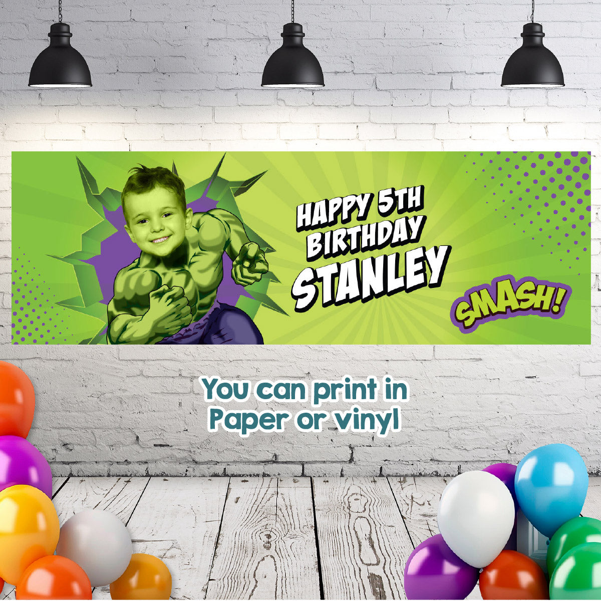 Hulk Horizontal Banner featuring child as the main superhero, Custom Hulk Birthday decoration. 089BBH