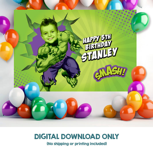 Personalized Hulk Banner featuring child as the main superhero, Custom Hulk Birthday Backdrop. 089BB