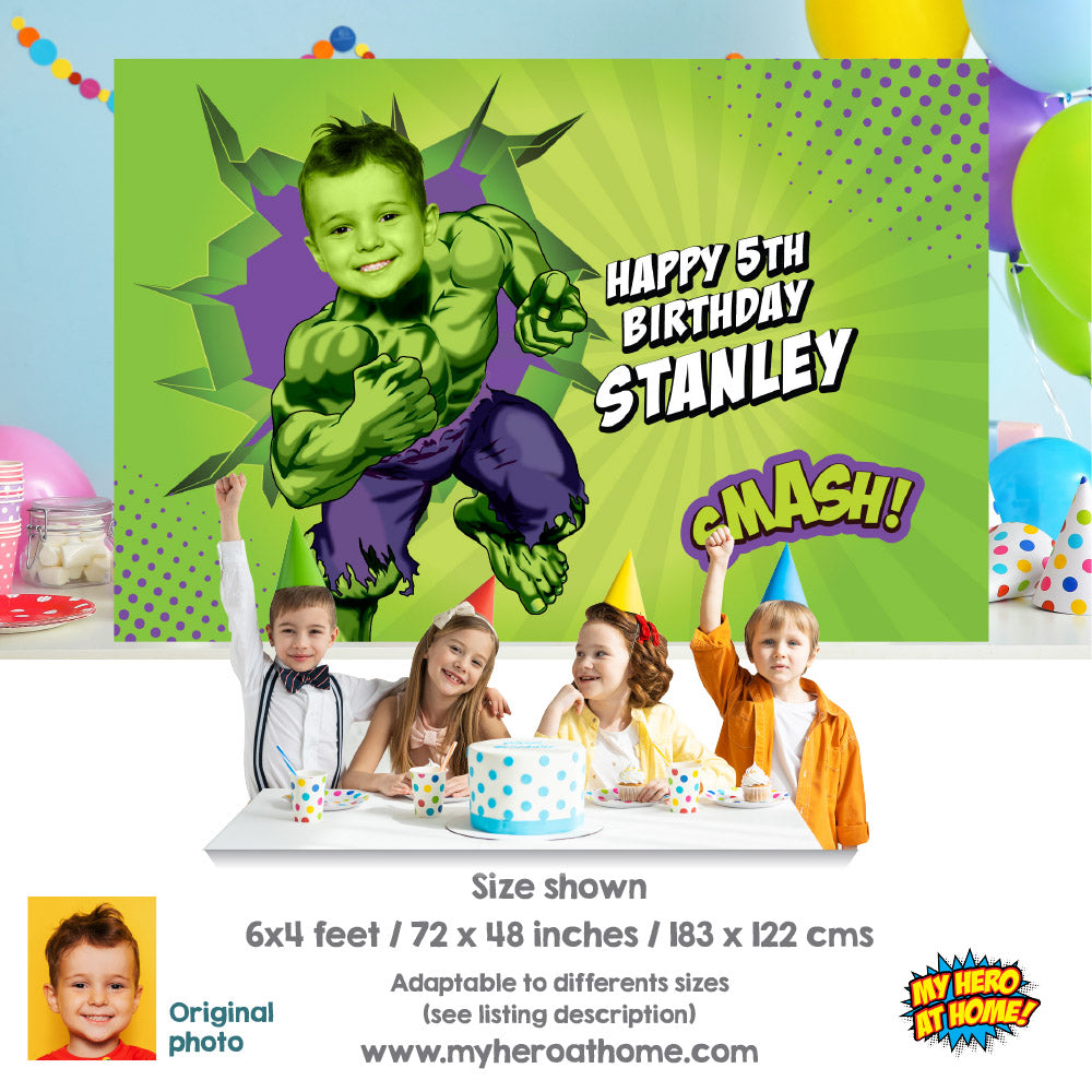 Personalized Hulk Banner featuring child as the main superhero, Custom Hulk Birthday Backdrop. 089BB