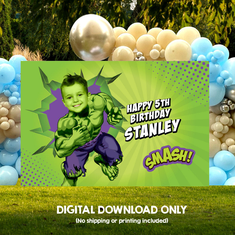 Personalized Hulk Banner featuring child as the main superhero, Custom Hulk Birthday Backdrop. 089BB