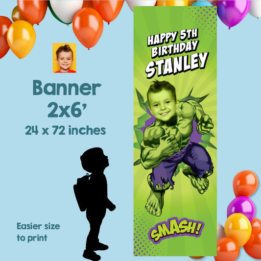 Hulk vertical party banner with birthday child as his favorite Avenger (2x6', Portrait, Rollup banner). 089BBV