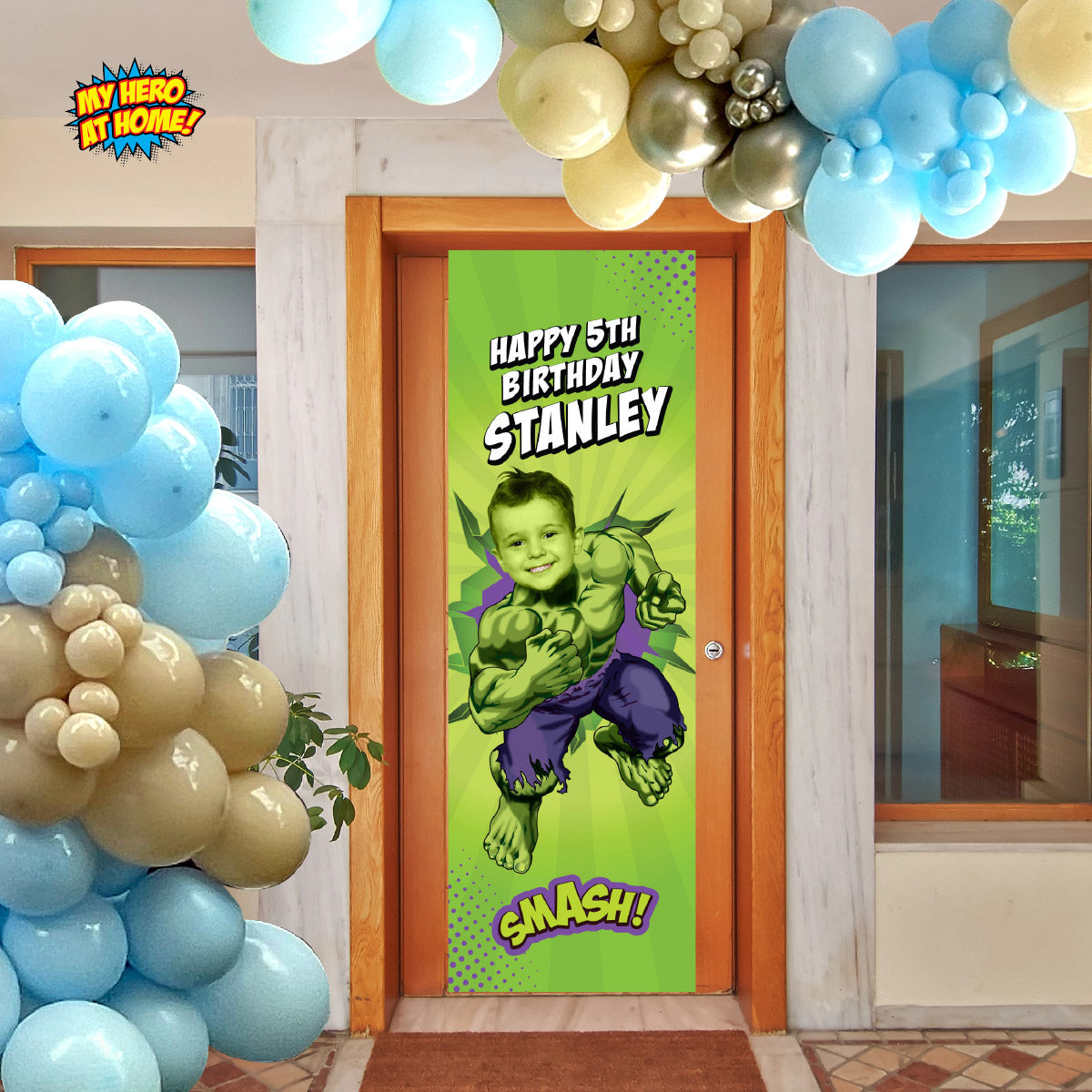 Hulk vertical party banner with birthday child as his favorite Avenger (2x6', Portrait, Rollup banner). 089BBV