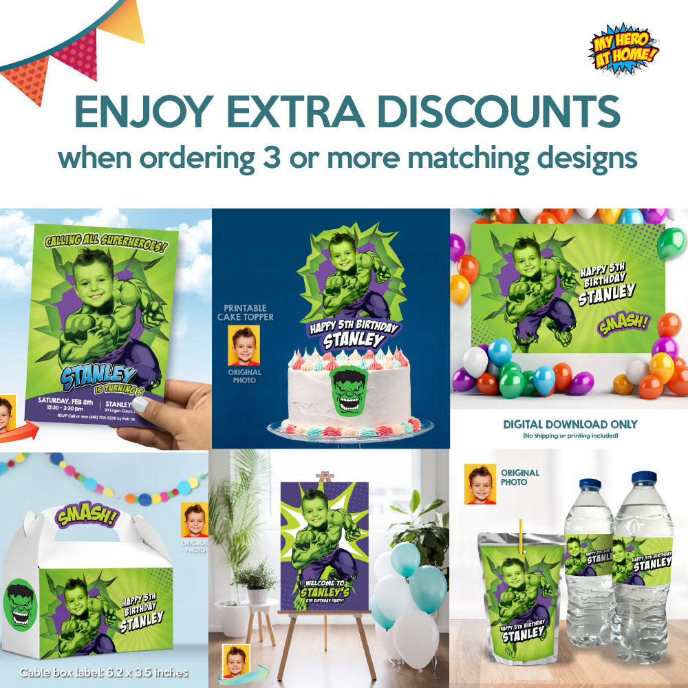 Personalized Hulk Birthday Party Invitation featuring birthday child as main character. 089D