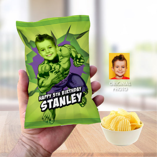 Hulk chip bags party favors with birthday boy as the superhero, Hulk snacks wrappers. 089CB