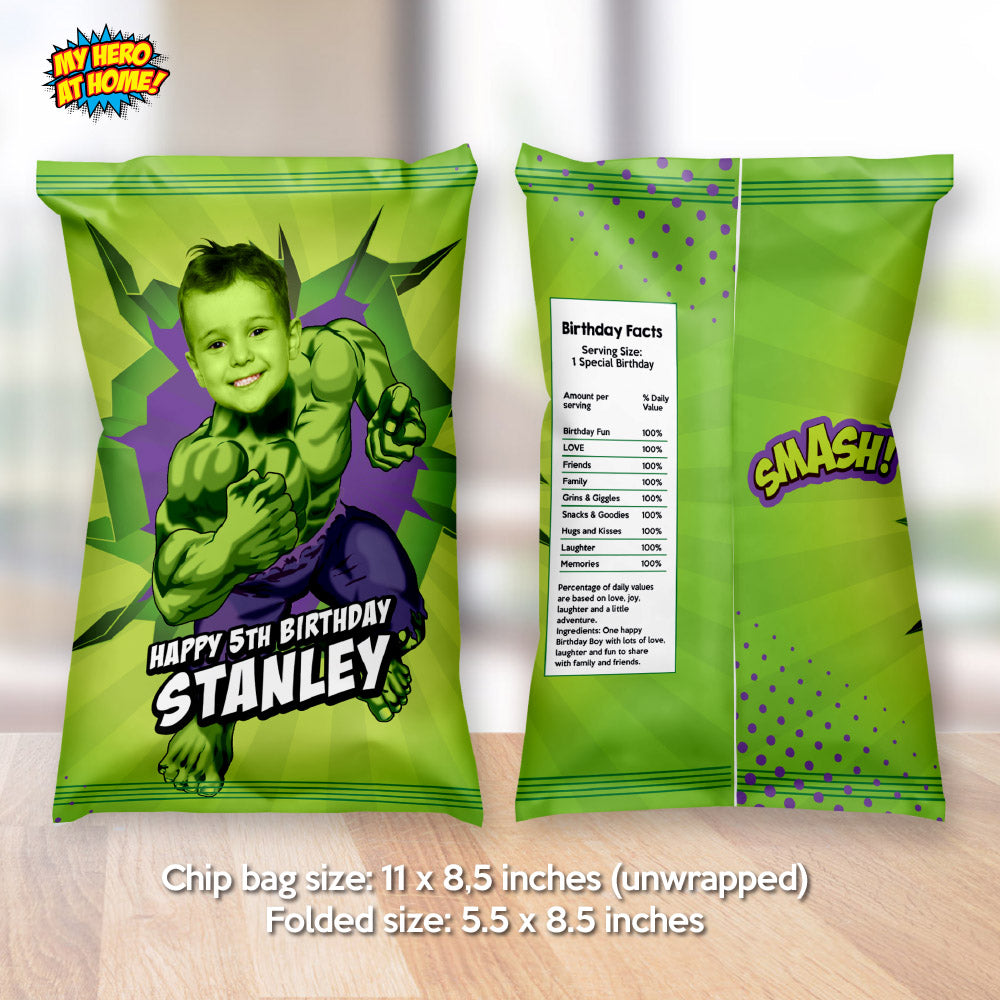 Hulk chip bags party favors with birthday boy as the superhero, Hulk snacks wrappers. 089CB