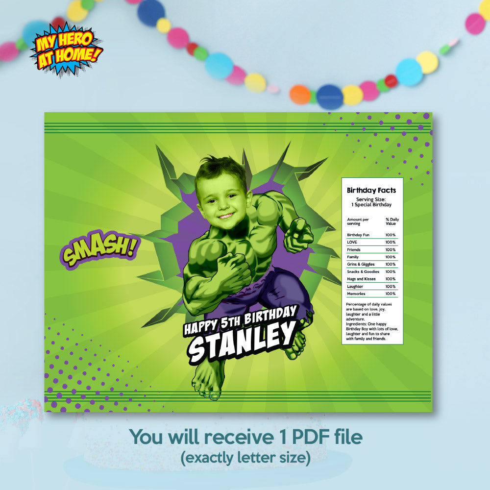 Hulk chip bags party favors with birthday boy as the superhero, Hulk snacks wrappers. 089CB