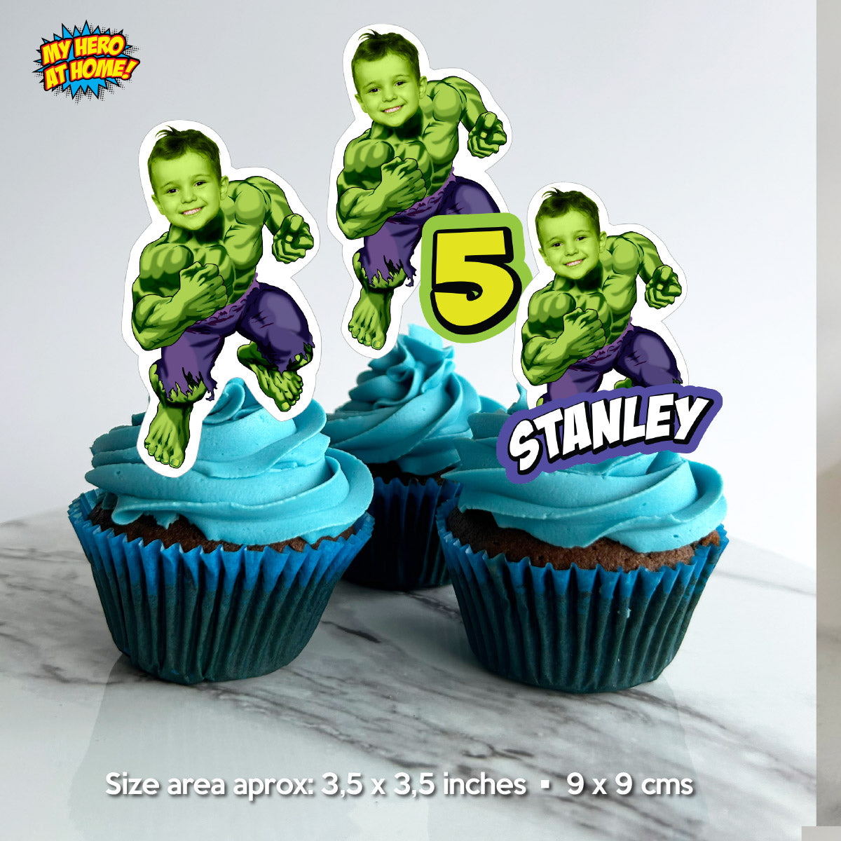 Hulk Birthday Matching Cake and Cupcake Toppers Bundle with Kid as the star. 089B5