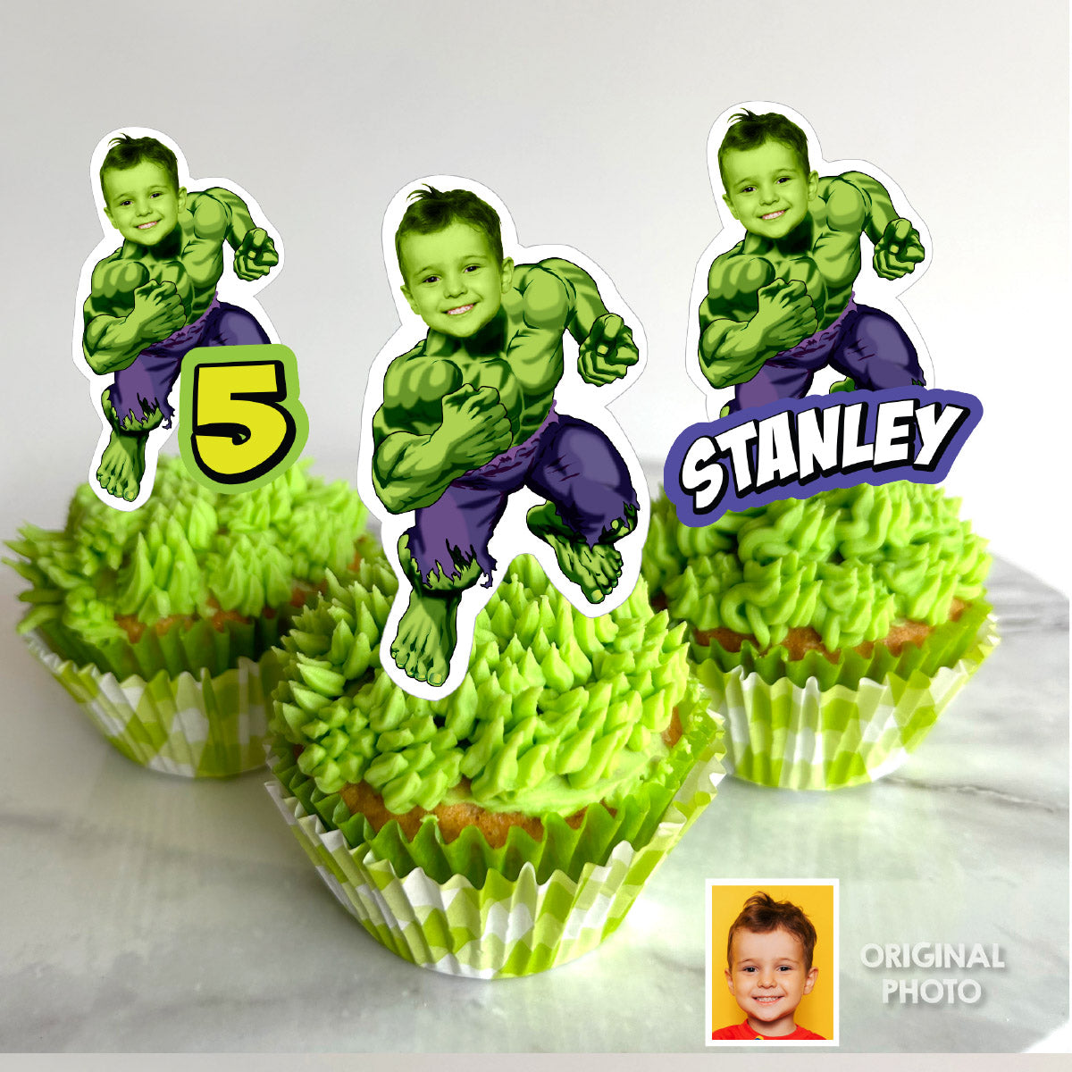 Personalized Hulk Cupcake Toppers with Photo, Superhero Photo Cupcakes. 089CK