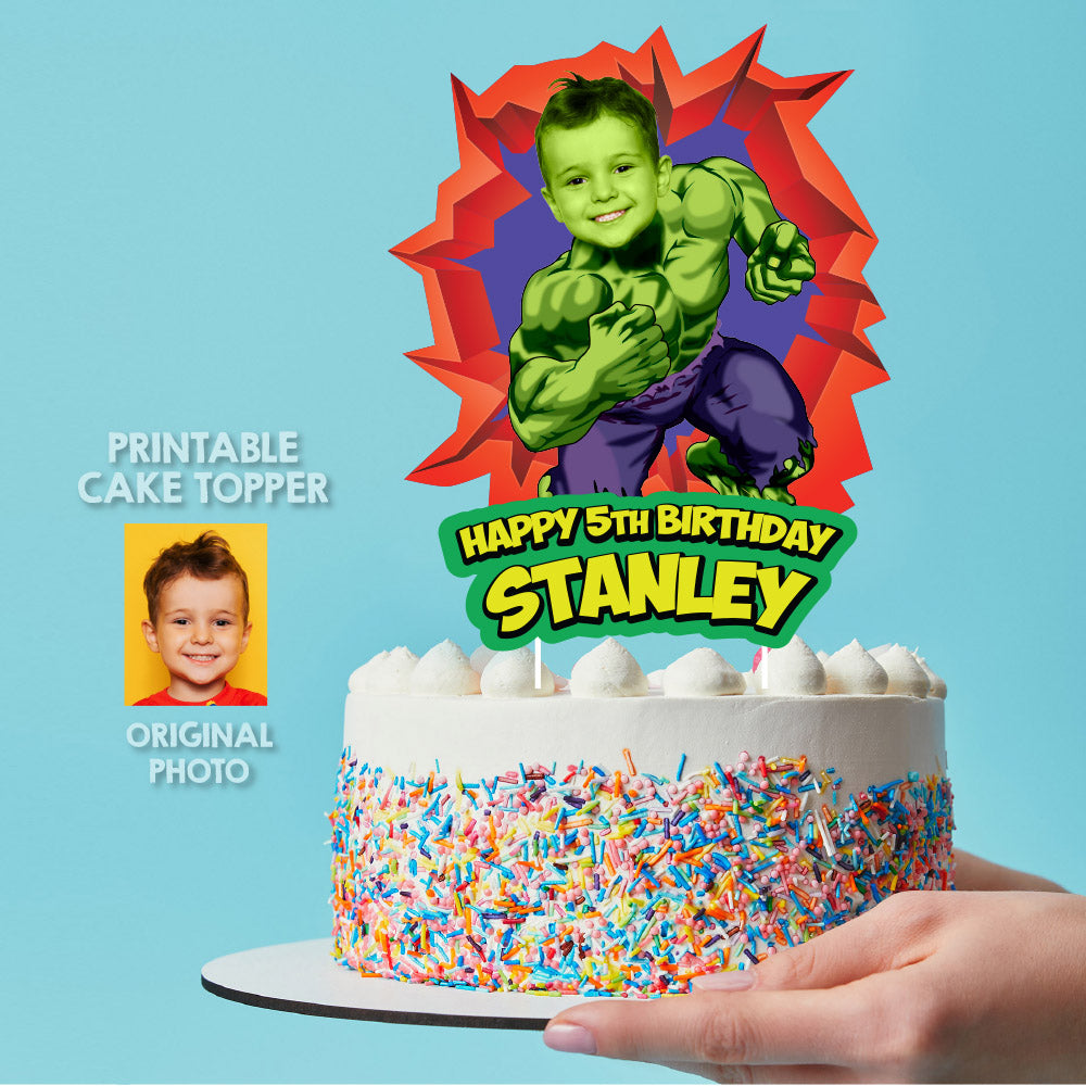Personalized Hulk Cake topper featuring your child as the Incredible Hulk (Print, cut, assemble). 089CT