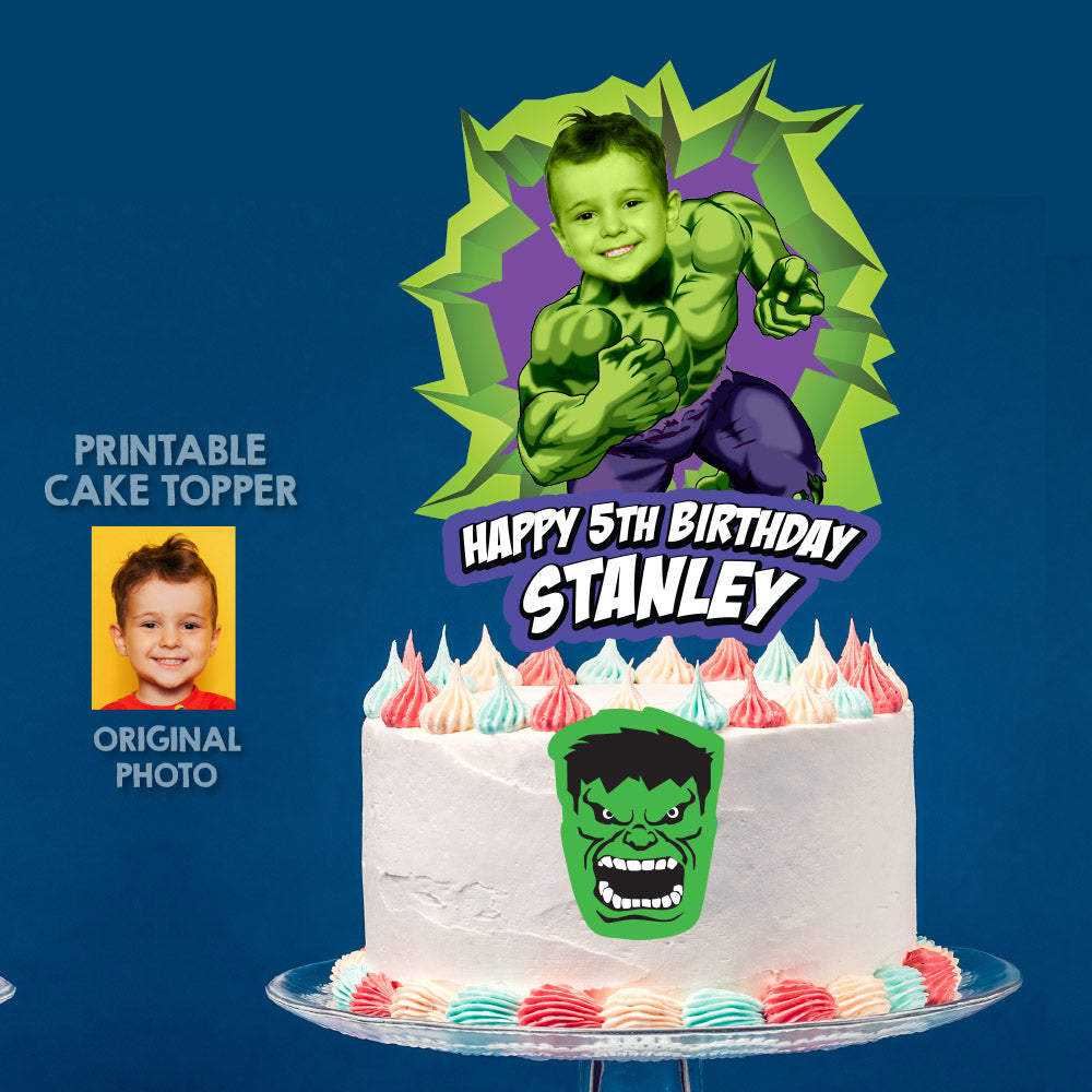 Personalized Hulk Cake topper featuring your child as the Incredible Hulk (Print, cut, assemble). 089CT