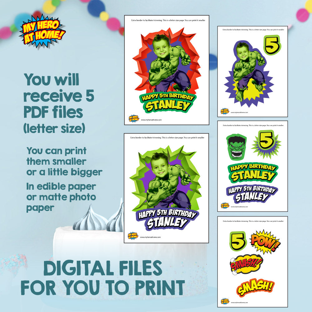 Personalized Hulk Cake topper featuring your child as the Incredible Hulk (Print, cut, assemble). 089CT