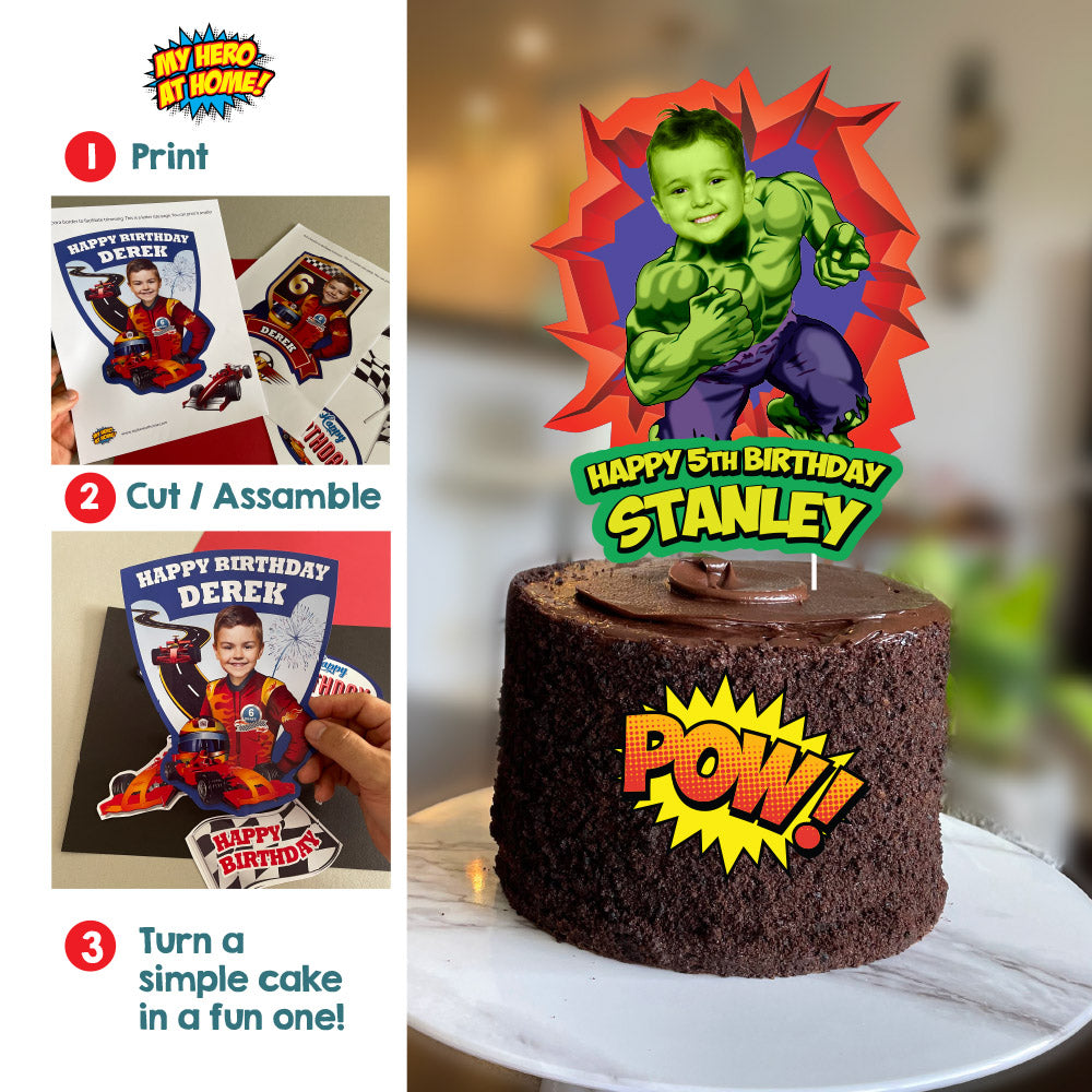 Personalized Hulk Cake topper featuring your child as the Incredible Hulk (Print, cut, assemble). 089CT