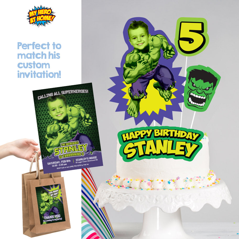 Personalized Hulk Cake topper featuring your child as the Incredible Hulk (Print, cut, assemble). 089CT