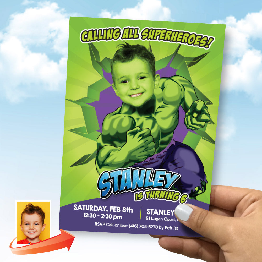 Personalized Hulk Birthday Party Invitation featuring birthday child as main character. 089D