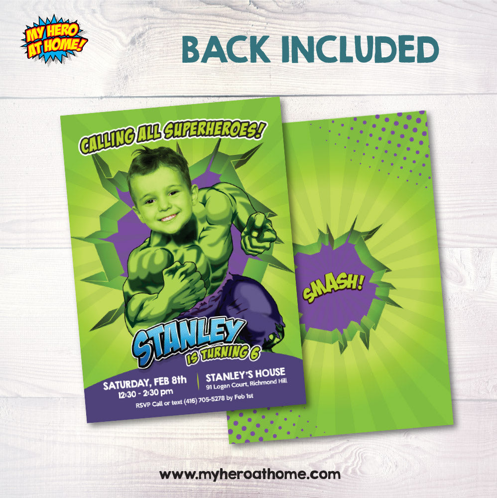 Personalized Hulk Birthday Party Invitation featuring birthday child as main character. 089D