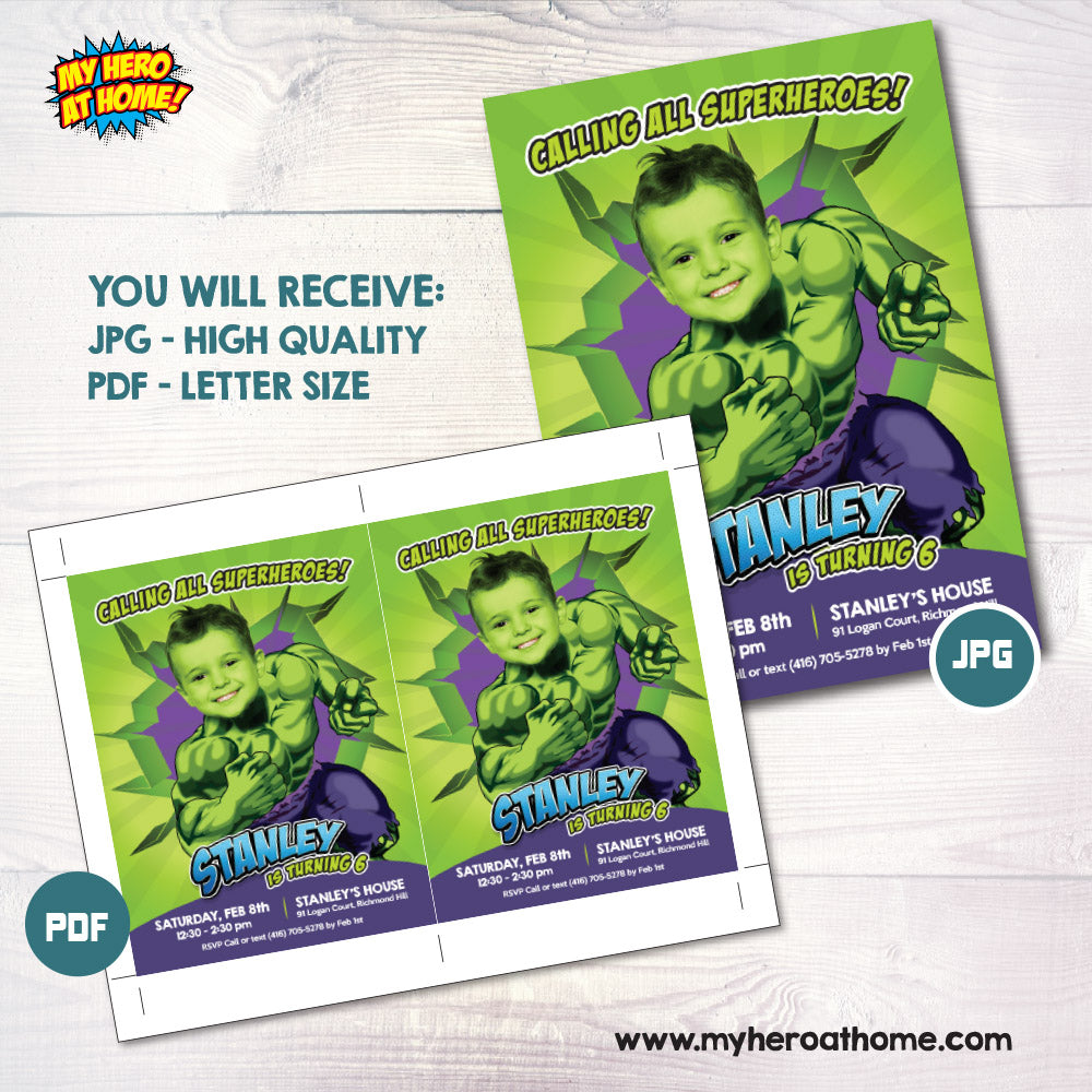 Personalized Hulk Birthday Party Invitation featuring birthday child as main character. 089D