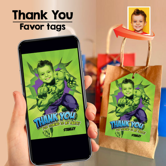 Hulk Thank You card and favor tags featuring birthday boy as his favorite Avenger. 089DTY