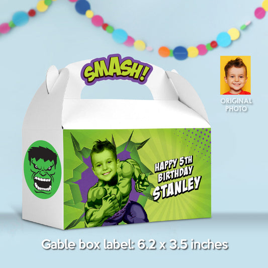 Hulk Gable Box label featuring kid as the main Avenger (Great for gifts or candy boxes). 089GB