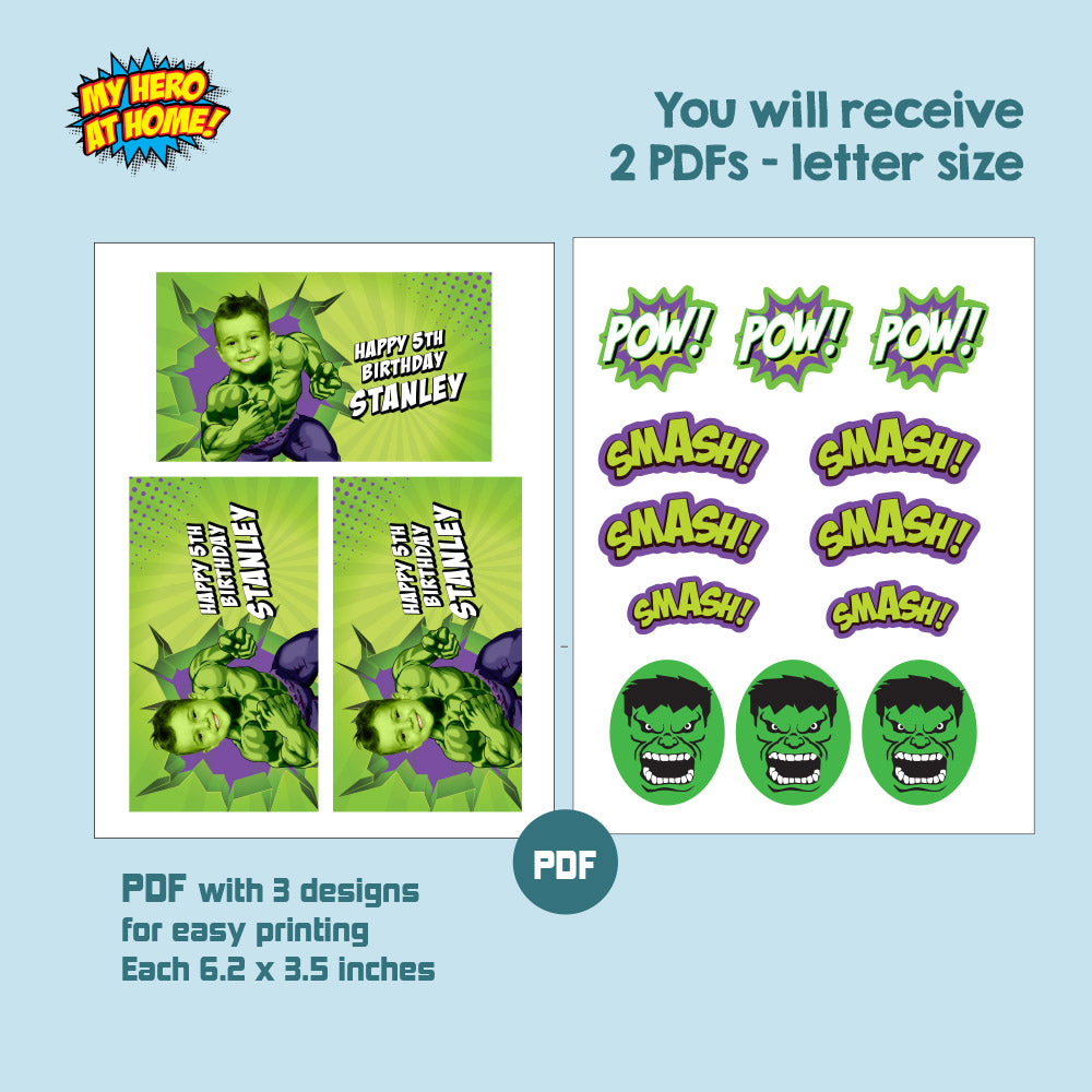 Bundle Hulk Birthday table with kid as his favorite superhero: Cake, snacks, favors. 089B1