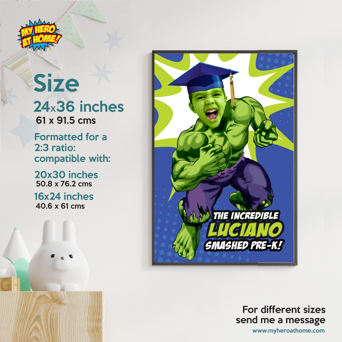 Personalized Hulk Graduation Sign featuring boy as his favorite superhero, Smashed Pre-K poster. 089GRWS