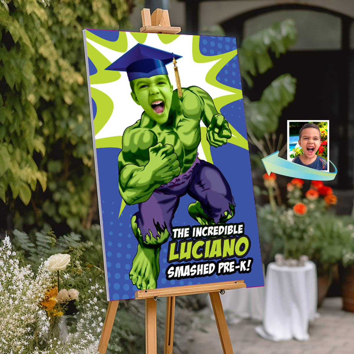 Personalized Hulk Graduation Sign featuring boy as his favorite superhero, Smashed Pre-K poster. 089GRWS