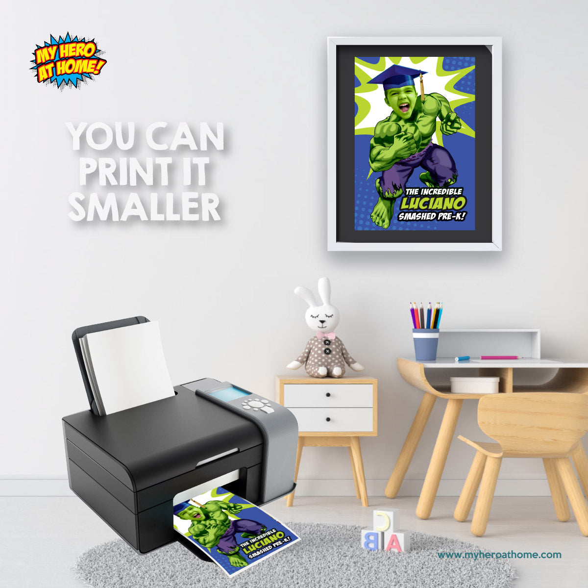 Personalized Hulk Graduation Sign featuring boy as his favorite superhero, Smashed Pre-K poster. 089GRWS
