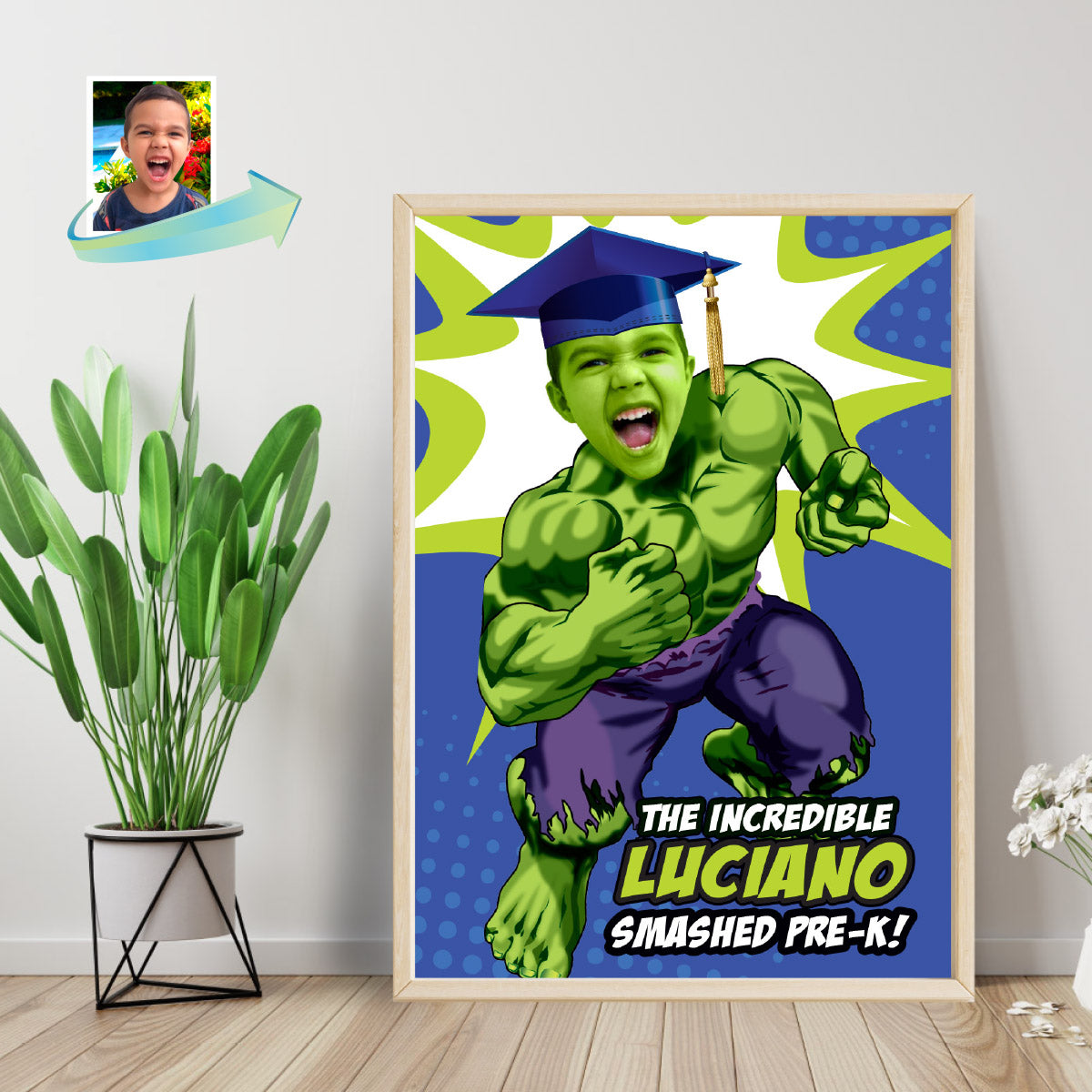 Personalized Hulk Graduation Sign featuring boy as his favorite superhero, Smashed Pre-K poster. 089GRWS