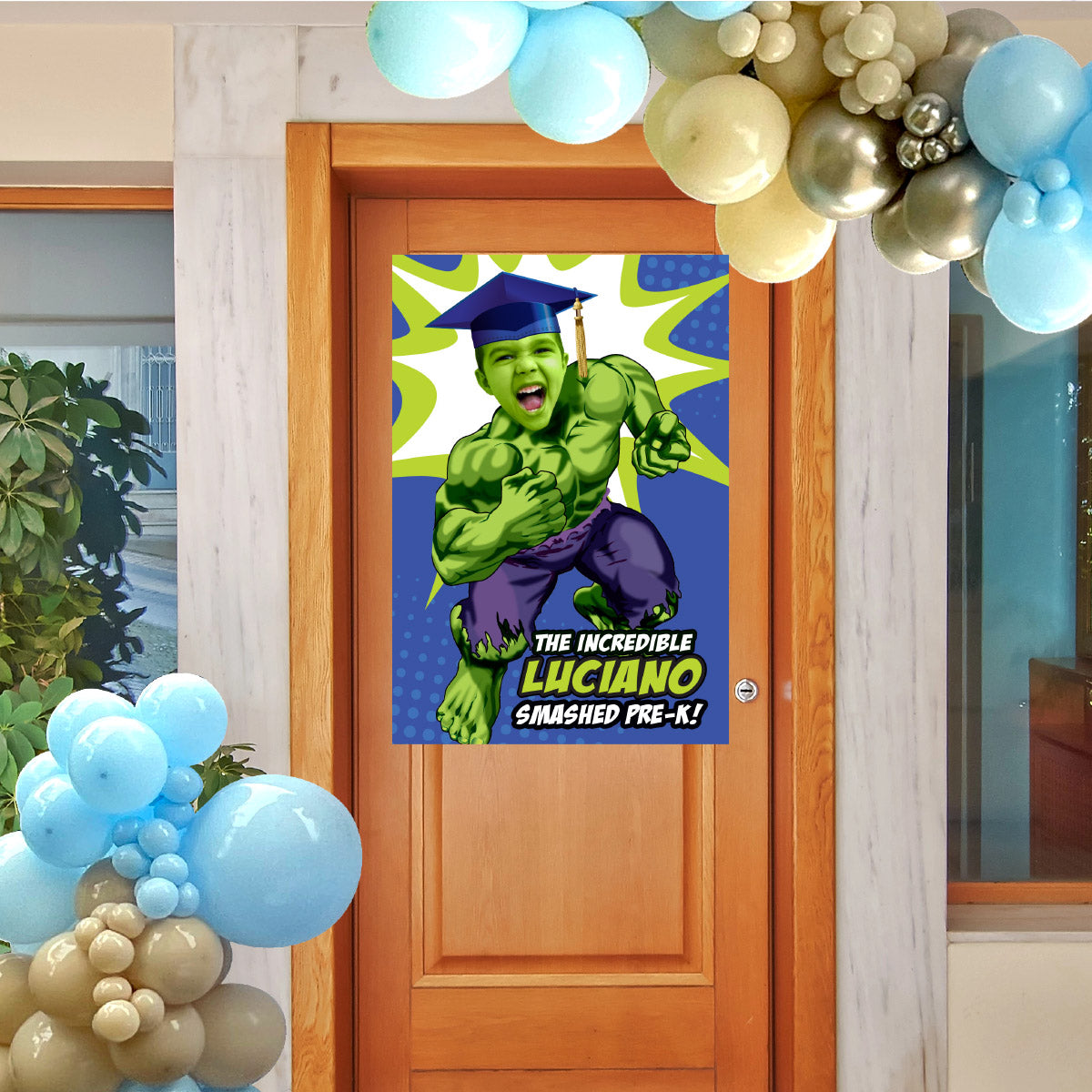 Personalized Hulk Graduation Sign featuring boy as his favorite superhero, Smashed Pre-K poster. 089GRWS