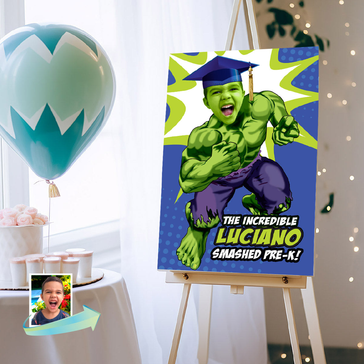 Personalized Hulk Graduation Sign featuring boy as his favorite superhero, Smashed Pre-K poster. 089GRWS