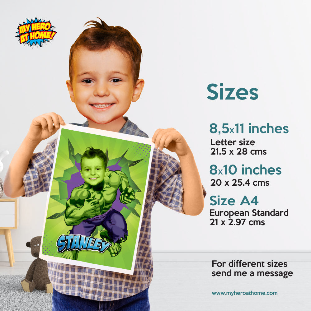 Printable Hulk gifts prints with featuring child as the Incredible Hulk.  089PS