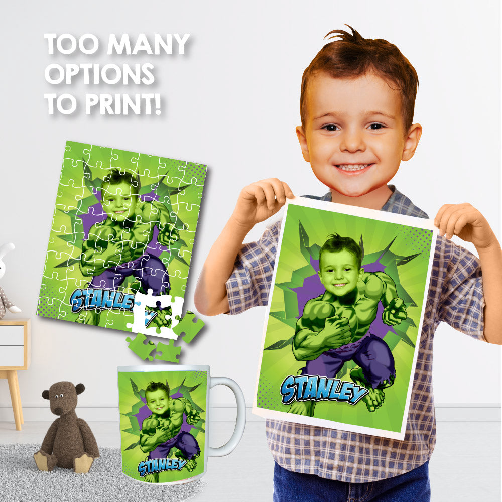Printable Hulk gifts prints with featuring child as the Incredible Hulk.  089PS