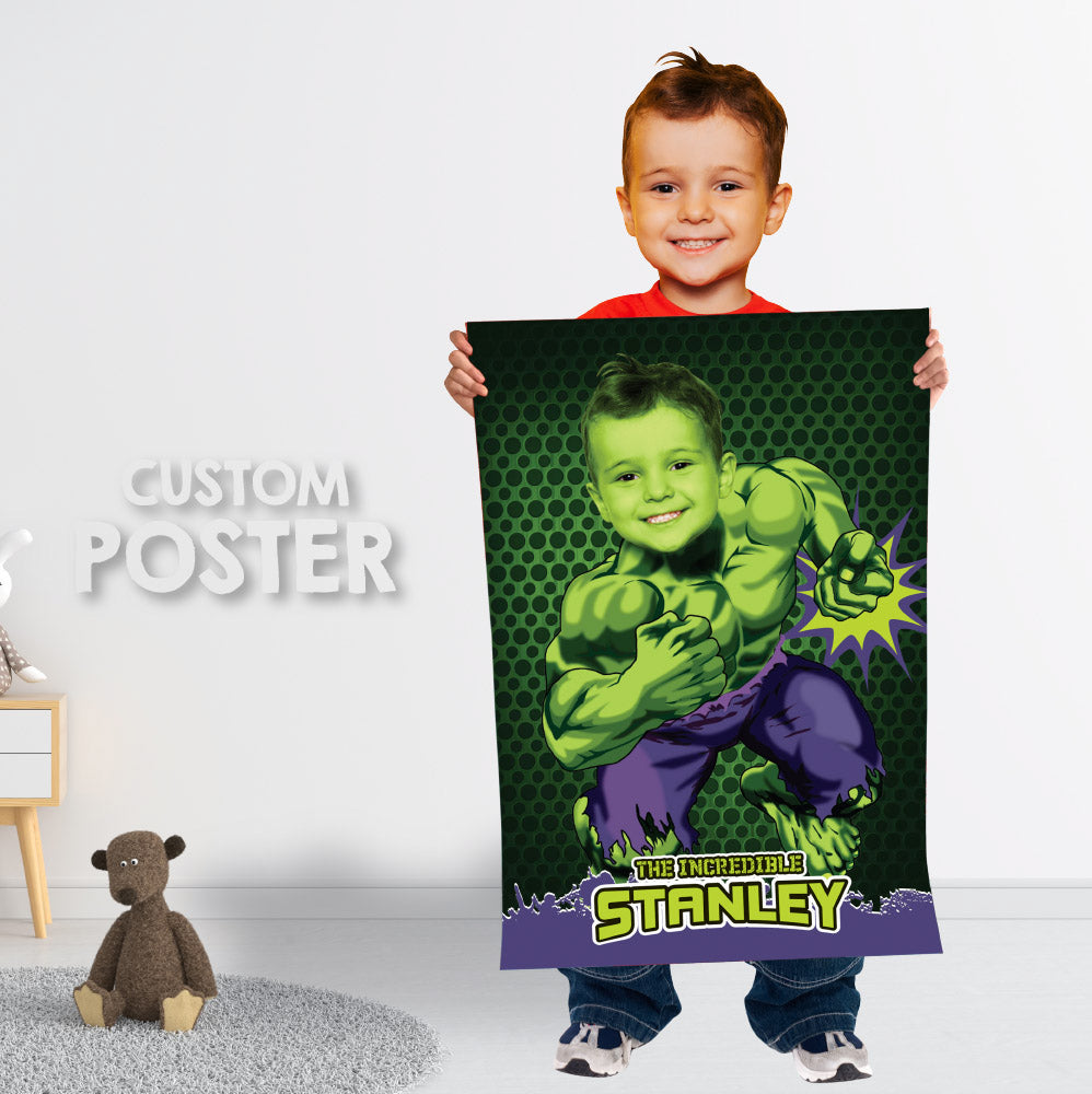 Personalized Hulk Poster featuring child as main Avenger, Printable Hulk gift with photo. 089PG